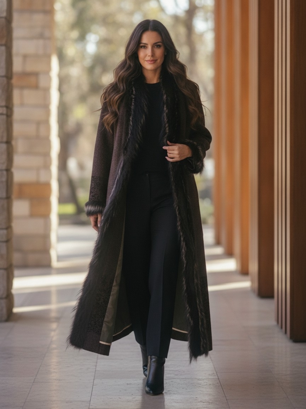 Hilary Radley 100% Pure New Woolmark VTG Duster Coat Flocked Paisley & Fur Trim